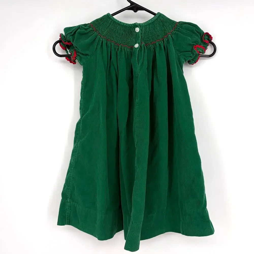 SmockaDot Kids Vintage Green Corduroy Smocked Embroidered Christmas Dress Size 6